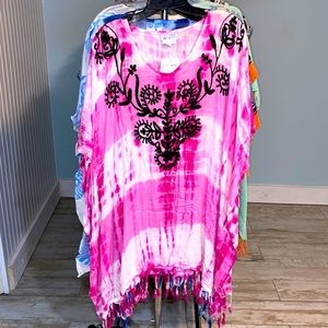 NWT Aqua Blue Tie Dye coverup with embroidery & fringe.